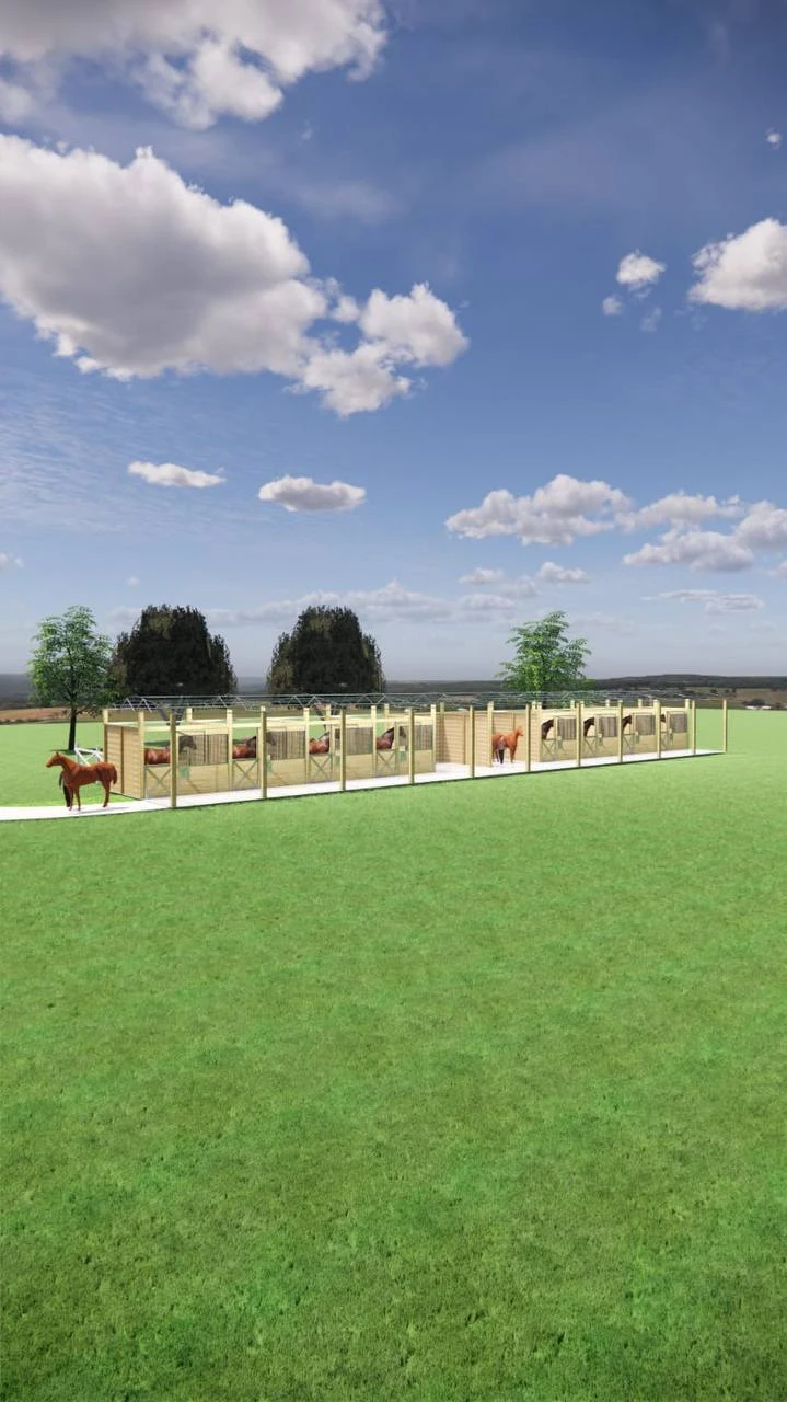 3D concept showing horses inside an open equine stall facility