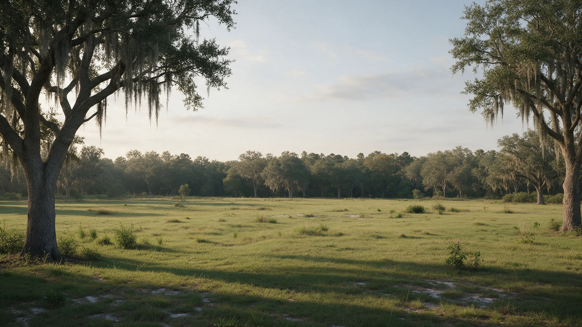 AI concept of an undeveloped grassy Florida property with oak trees